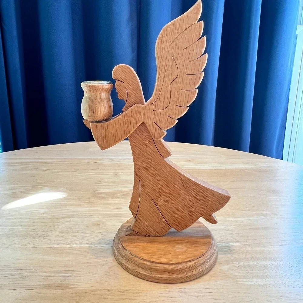 Vintage Handcrafted Solid Oak Wooden Angel Candle Holder - Folk Art
